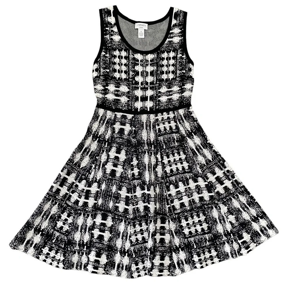 Carmen Marc Valvo Stretch Knit Sweater Midi Dress Black White Print Medium